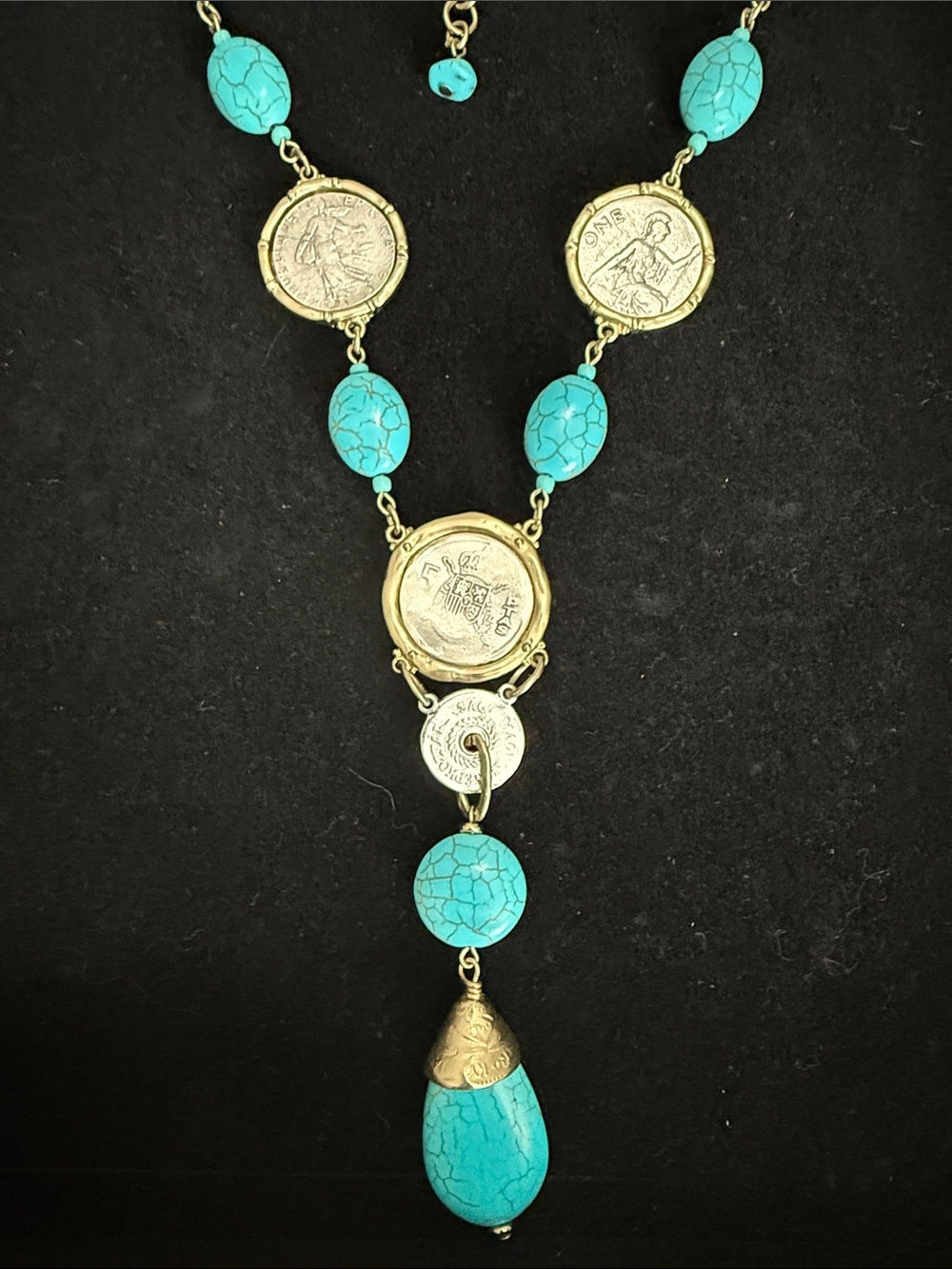 Chico's Isabella Turquoise Howlite and Roman Coin Y-Drop Necklace - Picture 3 of 10
